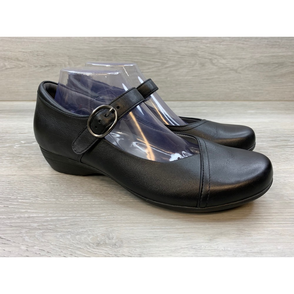 Dansko Women's Black Leather Mary Jane Buckle Strap Wedge 10.5 Pumps Shoes